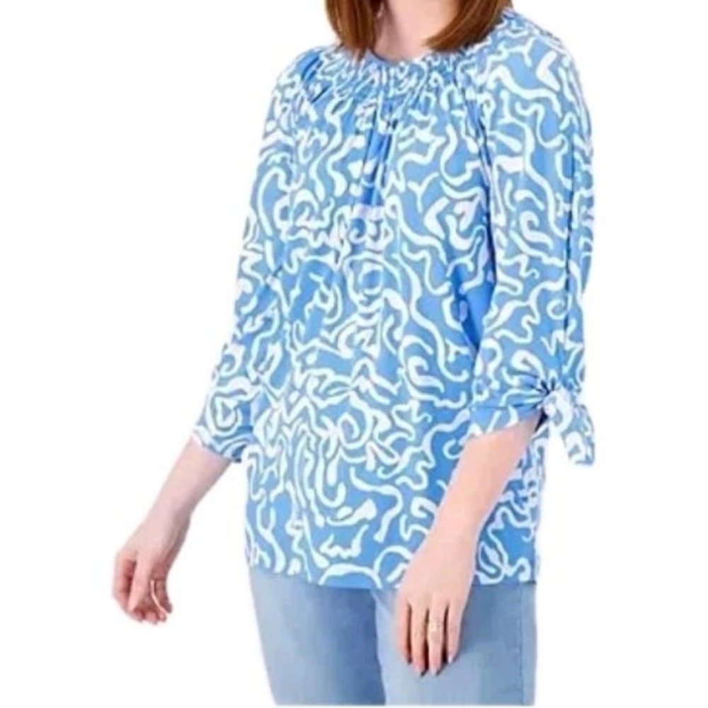 Susan Graver Womens Medium Liquid Knit Top Blue Artsy‎ Modern Flowy Beach Shirt